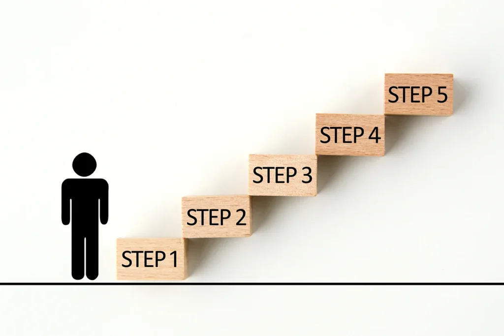 人を示すマークの右にSTEP1からSTEP5までの文字が書かれた階段が設置されている