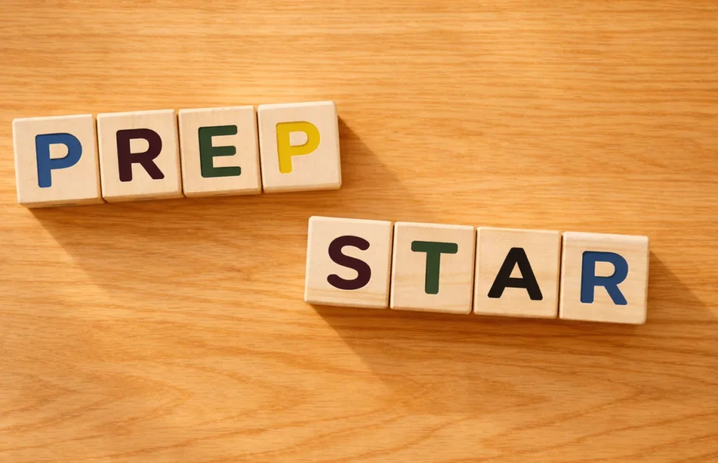 テーブルの上に木製のブロック「PREP」「STAR」が置かれている