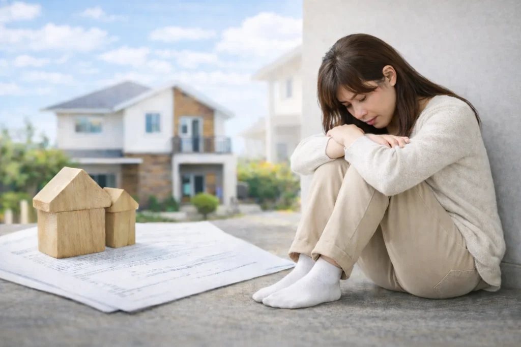 家の模型と書類の前で、住宅街を背景に座り込み、膝を抱えてうつむく女性の様子。