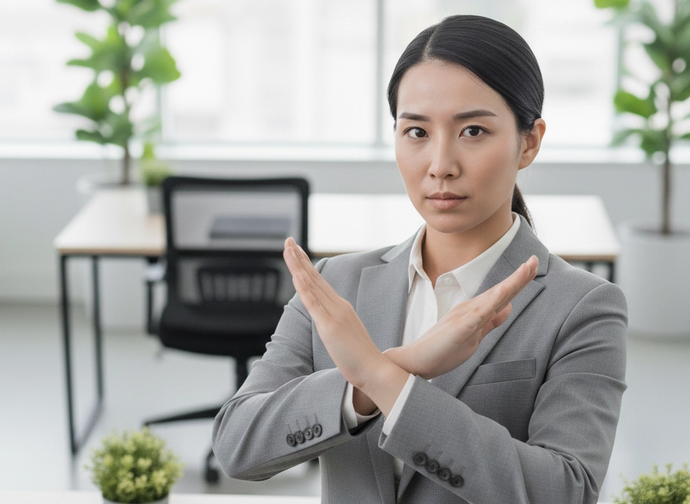 NGのイメージ。女性が腕で×を作っている
