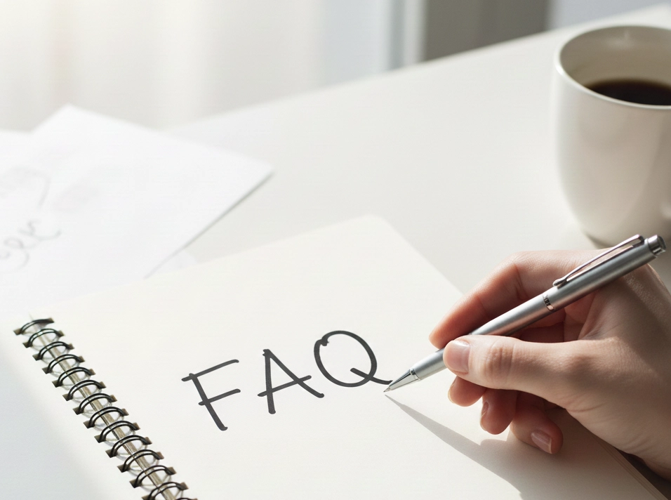 ペンを持った手と、FAQと書かれたノート。