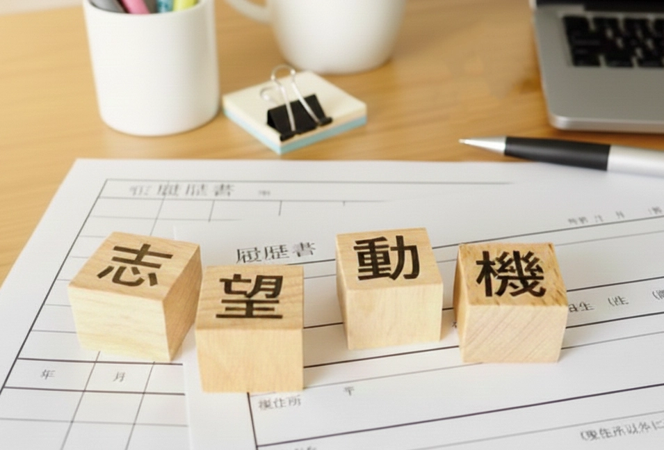 履歴書の上に、「志」「望」「動」「機」と印字された正方形の木片が置かれている。