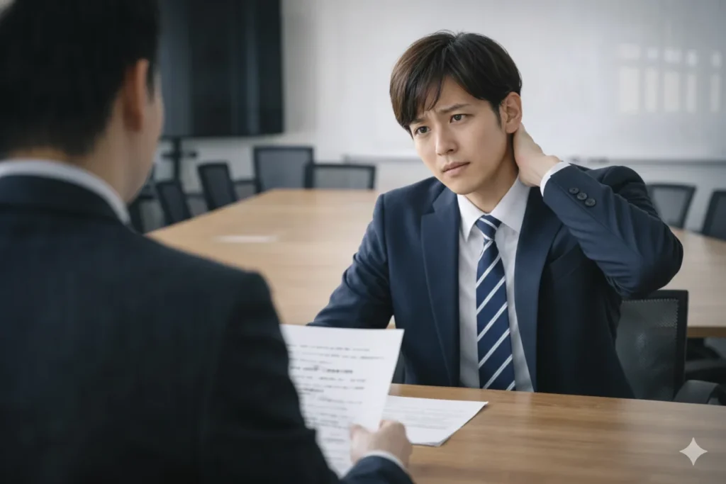 面接で焦った表情を浮かべる男性