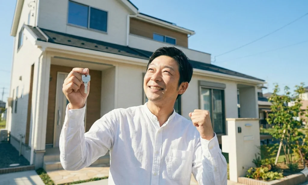 完成した一軒家の前で、笑顔の男性が誇らしげに住宅の鍵を掲げ、ガッツポーズをしている