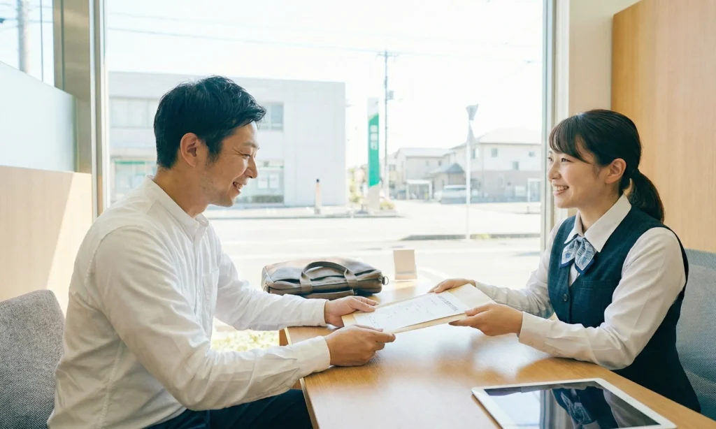笑顔の男性が女性に書類を手渡す様子。明るい日差しが差し込む室内で、契約や相談がスムーズに進んでいる感じ