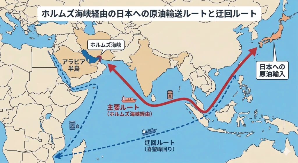 ホルムズ海峡軽油の日本への原油輸送ルートと迂回ルートを示す図