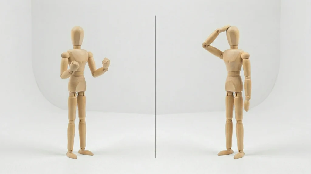 白い部屋に置かれた2体の人形。真ん中に線が引かれ、左はガッツポーズ、右は残念そうに頭をかいている