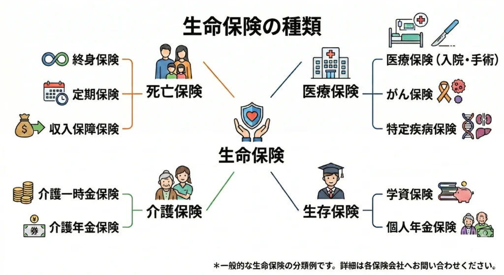 「生命保険」の種類を図解したインフォグラフィック