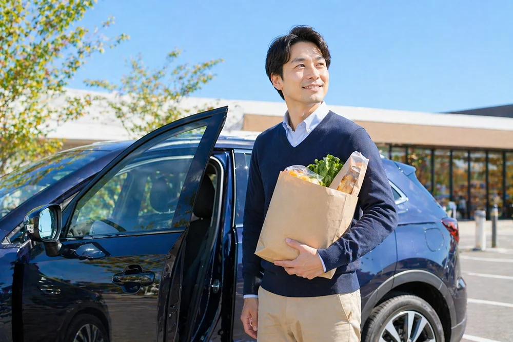 買い物袋を持った男性が車から降りて笑顔を浮かべている。