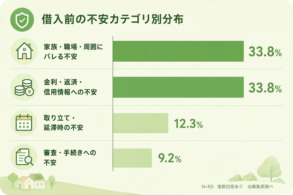 借入前の不安カテゴリ別分布不安の種類／割合
家族・職場・周囲にバレる不安／33.8%
金利・返済・信用情報への不安／33.8%
取り立て・延滞時の不安／12.3%
審査・手続きへの不安／9.2%
