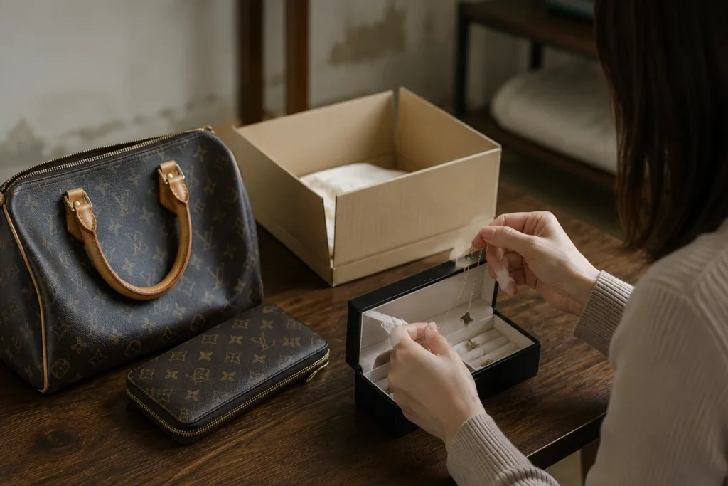 ブランド品を売る準備をする女性