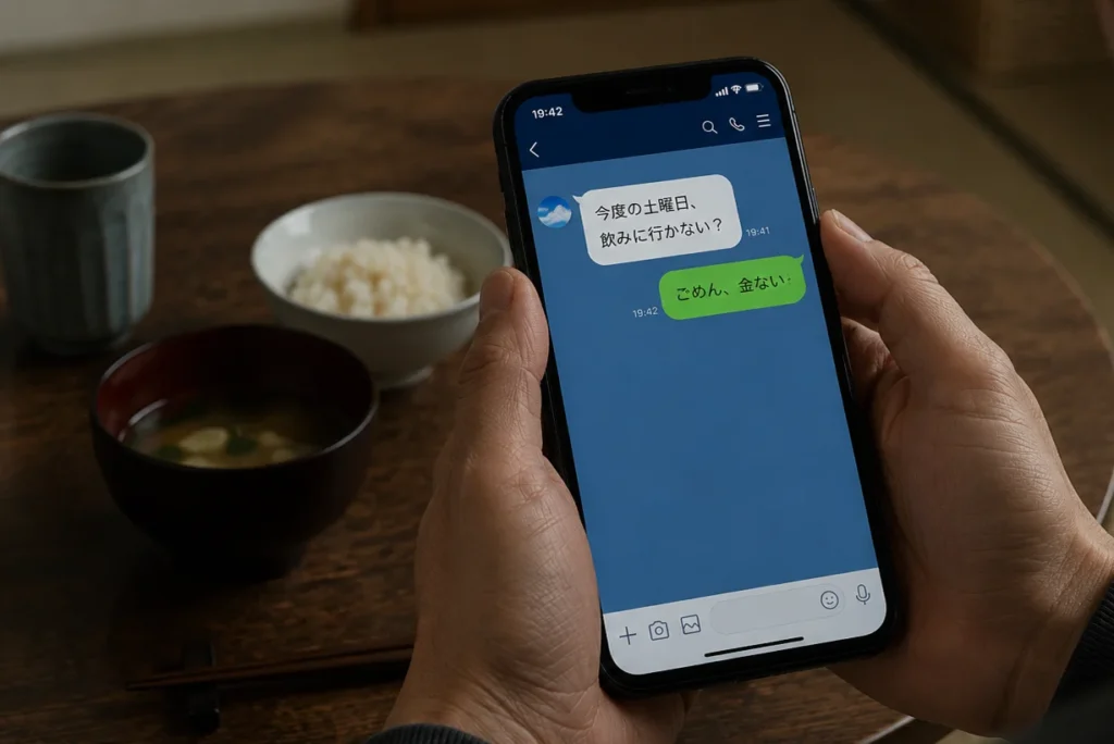 LINEを使い、友人からの食事の誘いを断る様子