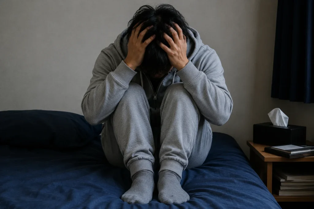 ベッドの上で頭をかかえる男性