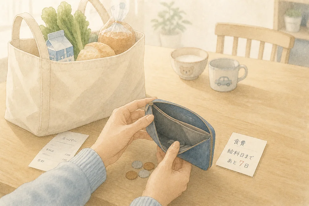 食材と子供用食器が置かれたテーブルで財布の中身を確認する様子
