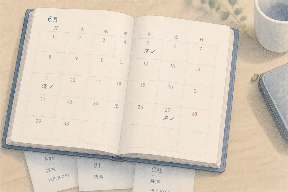 手帳のカレンダーに書かれた6月の返済予定。手帳の下には借入先各社の借入残高が書かれた付箋が置かれている。