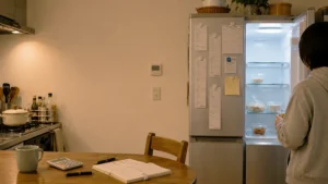 人気の少ないキッチンで、中身の少ない冷蔵庫のドアを開ける人