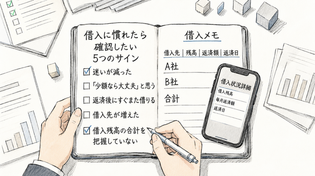 借入に慣れたと感じたときに、借入残高や返済額をメモで確認しているイメージ