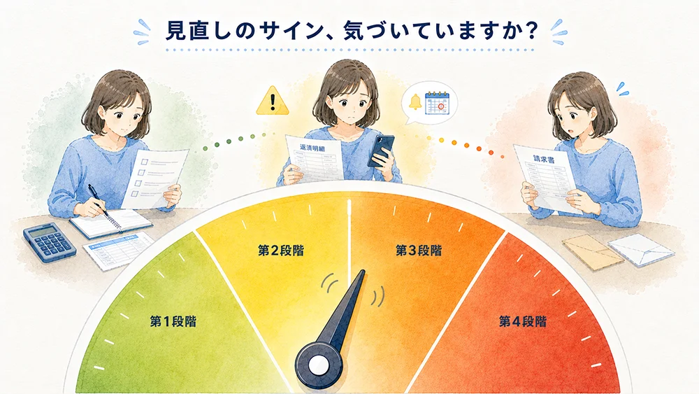 借金の見直しサインを第1段階から第4段階までのメーターで示したイラスト