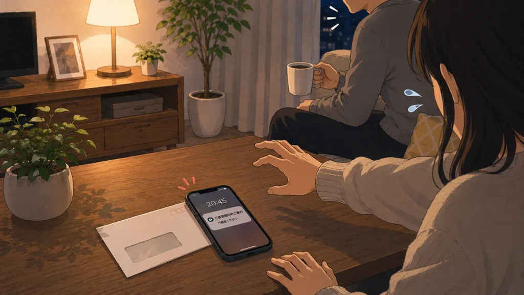 借入先から届いたスマホの通知に焦っている女性
