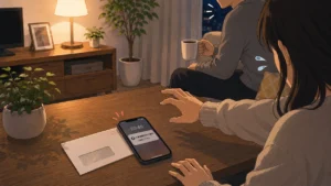 借入先から届いたスマホの通知に焦っている女性
