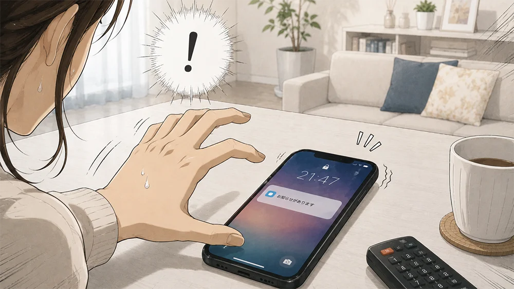 画面に現れたメッセージに焦り、急いでスマホに手を伸ばす女性