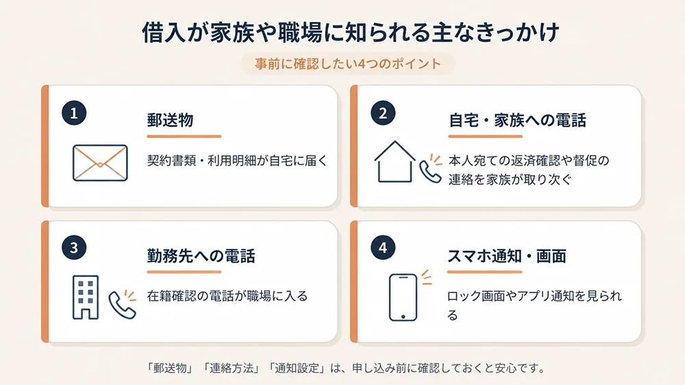 借入が家族や職場に知られる主なきっかけをまとめた図解

・郵送物 — 契約書類や利用明細が自宅に届く
・自宅・家族への電話 — 本人宛ての返済確認や督促の連絡を家族が取り次ぐ
・勤務先への電話 — 在籍確認の電話が職場に入る
・スマホの通知・画面 — ロック画面やアプリ通知を見られる