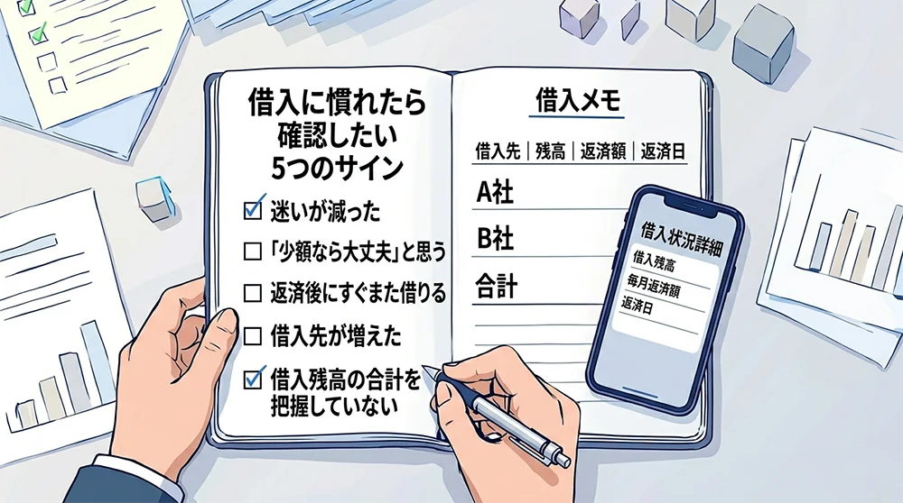 借入に慣れたと感じたときに、借入残高や返済額をメモで確認しているイメージ