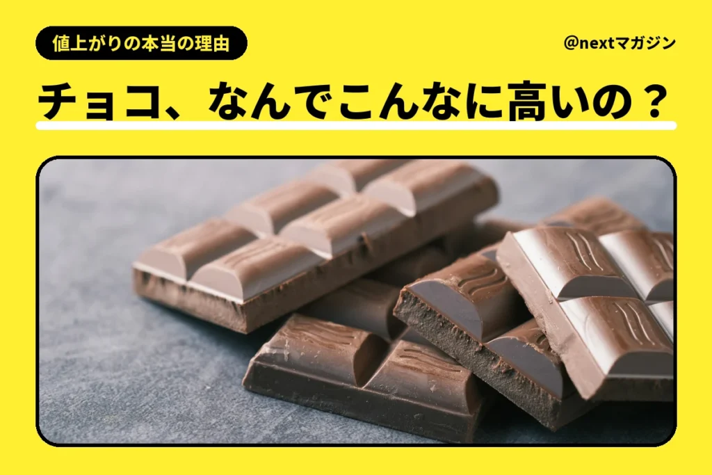 板チョコが重なった写真と「チョコ、なんでこんなに高いの？」の見出し