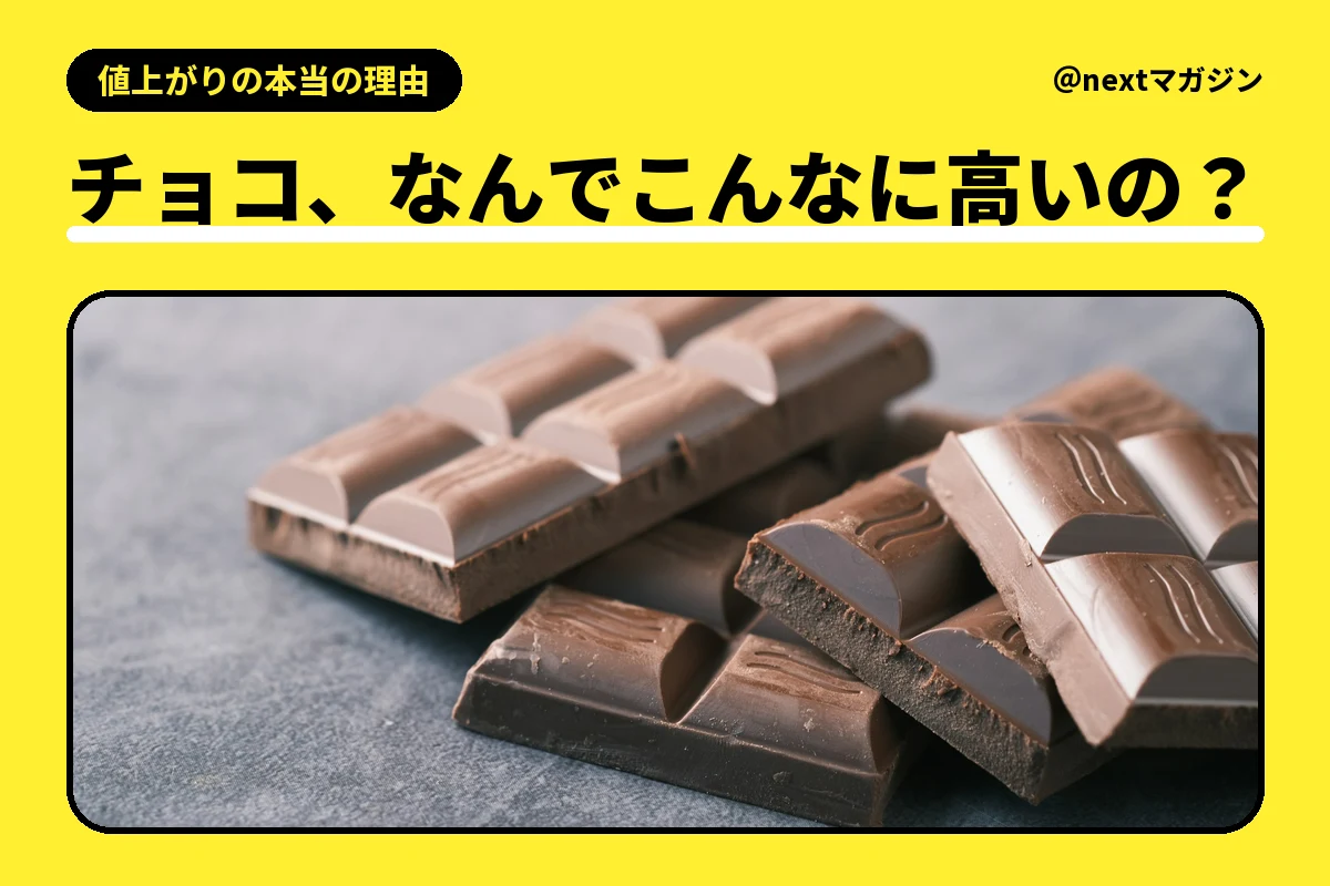 板チョコが重なった写真と「チョコ、なんでこんなに高いの?」の見出し
