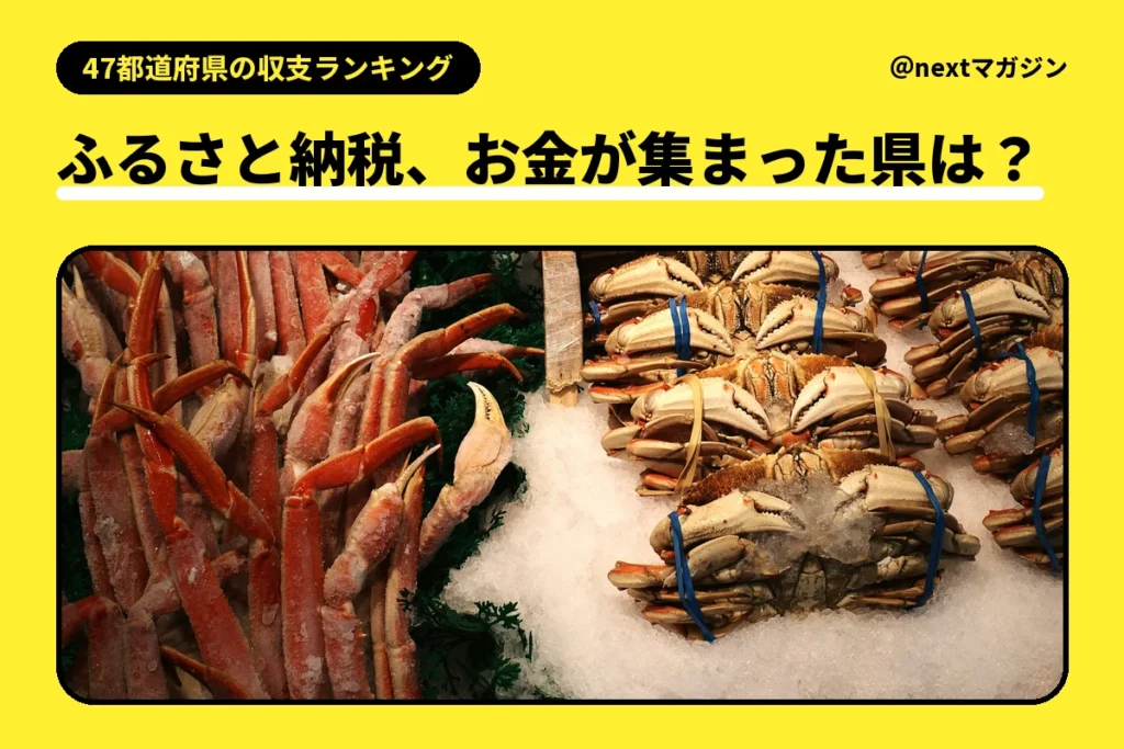 カニが並ぶ売り場の写真と「ふるさと納税、お金が集まった県は？」の見出し