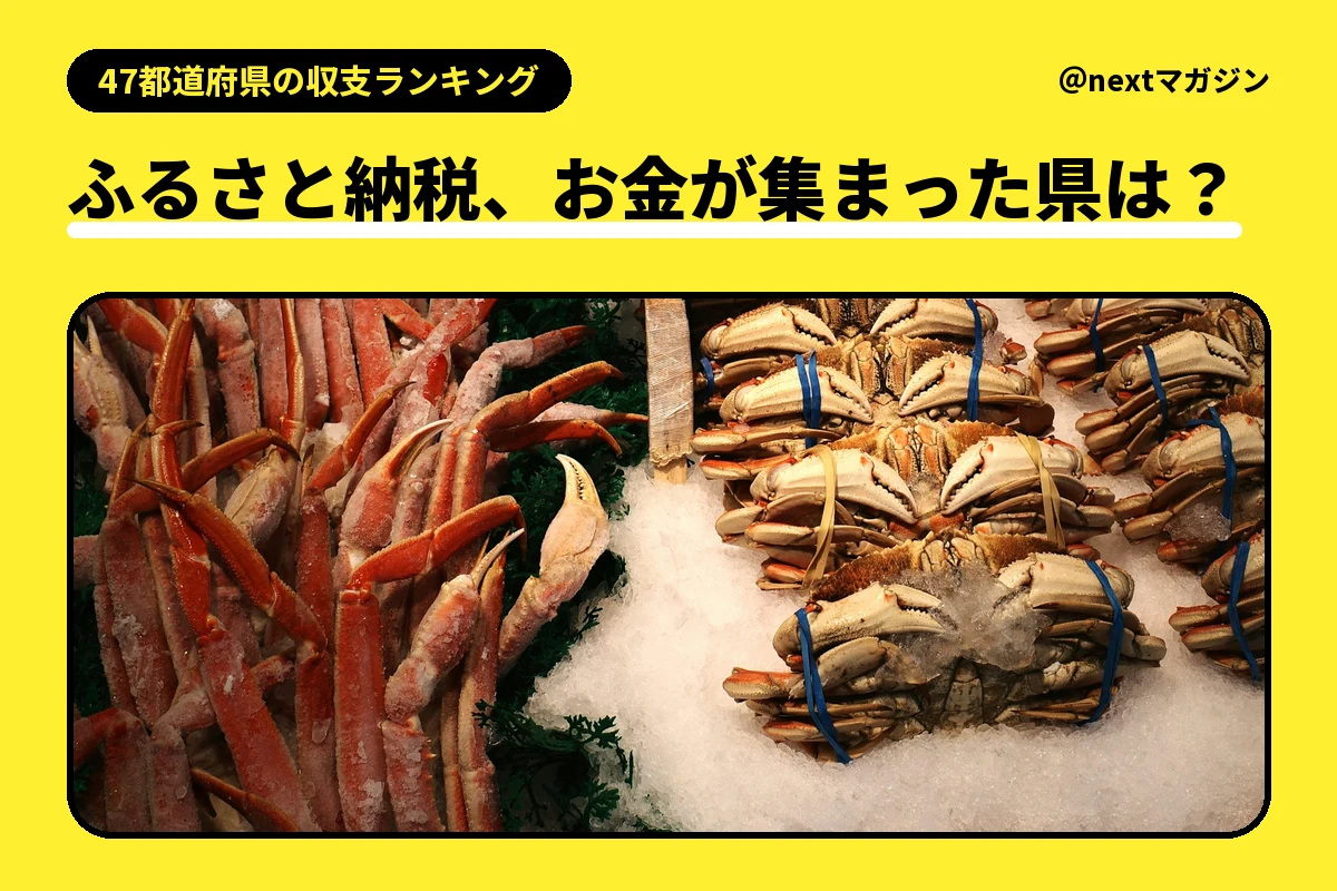 カニが並ぶ売り場の写真と「ふるさと納税、お金が集まった県は？」の見出し