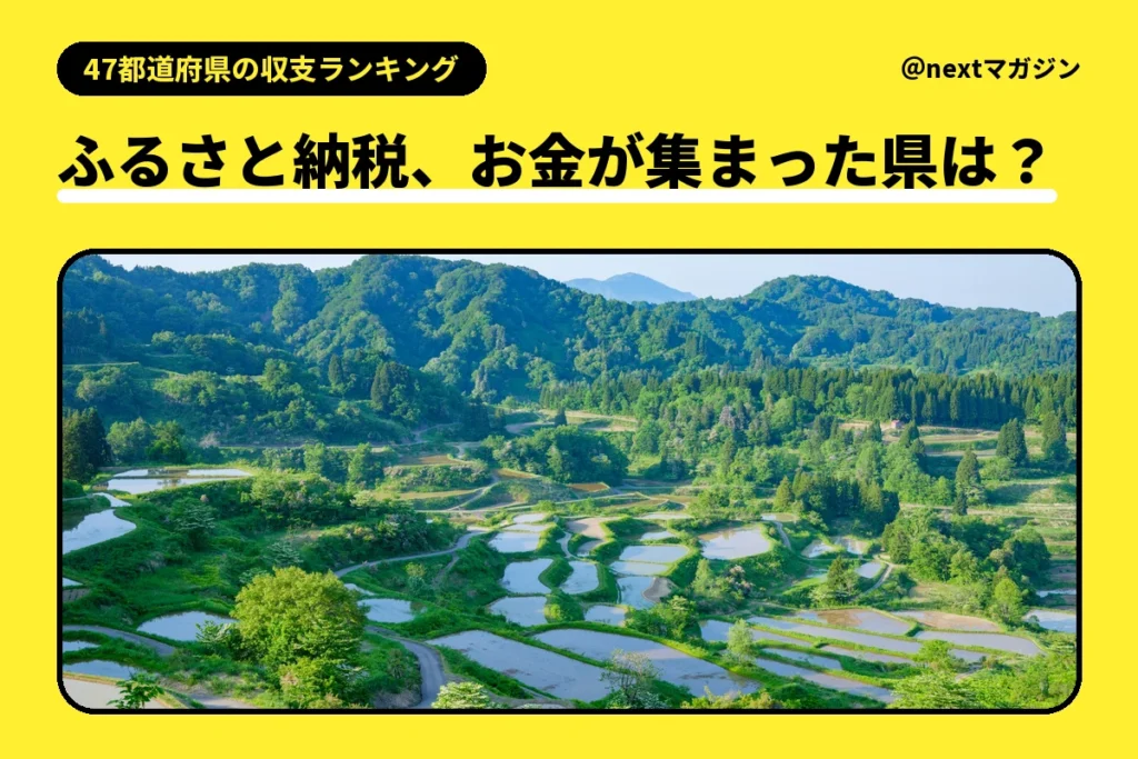 新潟県十日町市の棚田と山の写真と「ふるさと納税、お金が集まった県は？」の見出し