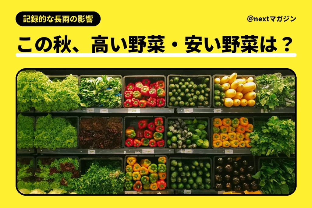 スーパーの野菜売り場の写真と「この秋、高い野菜・安い野菜は？」の見出し