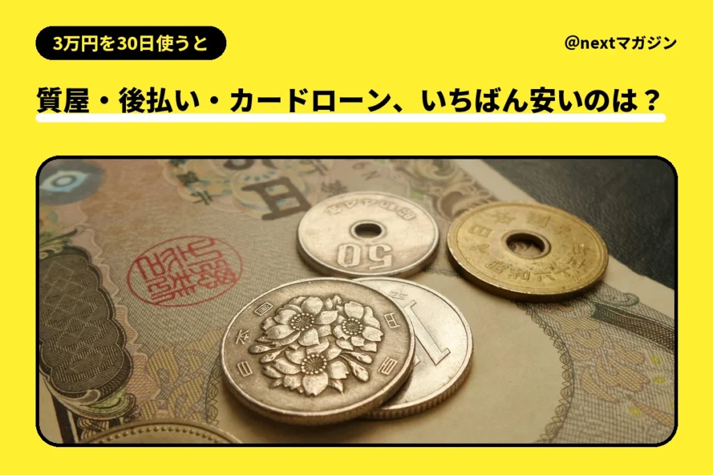 1万円札と硬貨の写真と「質屋・後払い・カードローン、いちばん安いのは？」の見出し