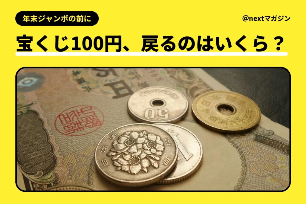 1万円札の上に100円玉や50円玉が置かれた写真と「宝くじ100円、戻るのはいくら？」の見出し