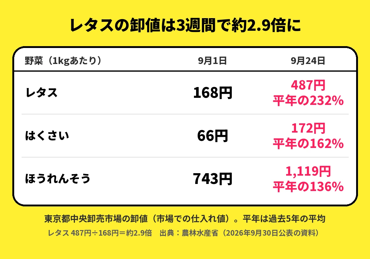 東京都中央卸売市場の卸値（1kgあたり）。レタス168円→487円（平年の232%）、はくさい66円→172円（平年の162%）、ほうれんそう743円→1,119円（平年の136%）